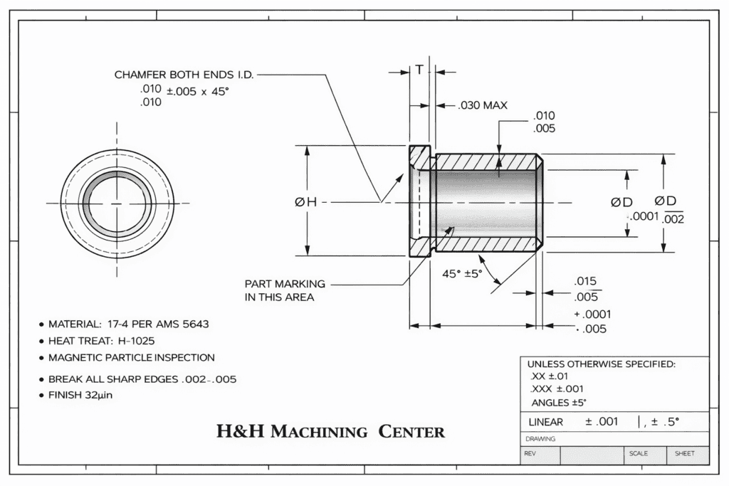 Precision Aerospace Bushing Technical Drawing - H&H Machining Center